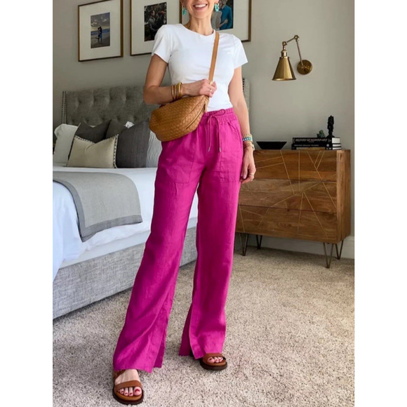 Athleta Retreat Linen Wide Leg Pants Size Large Fuchsia Pink Resortwear Vacation - Picture 16 of 16